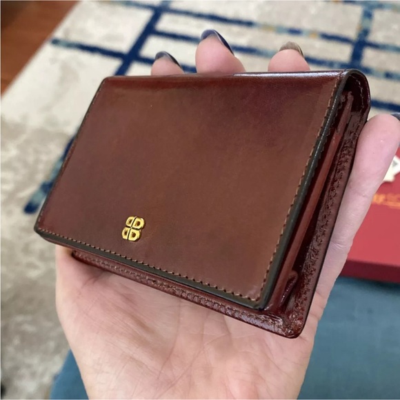 BOSCA Leather Fold Over Wallet Card Case Key Ring Burgundy
